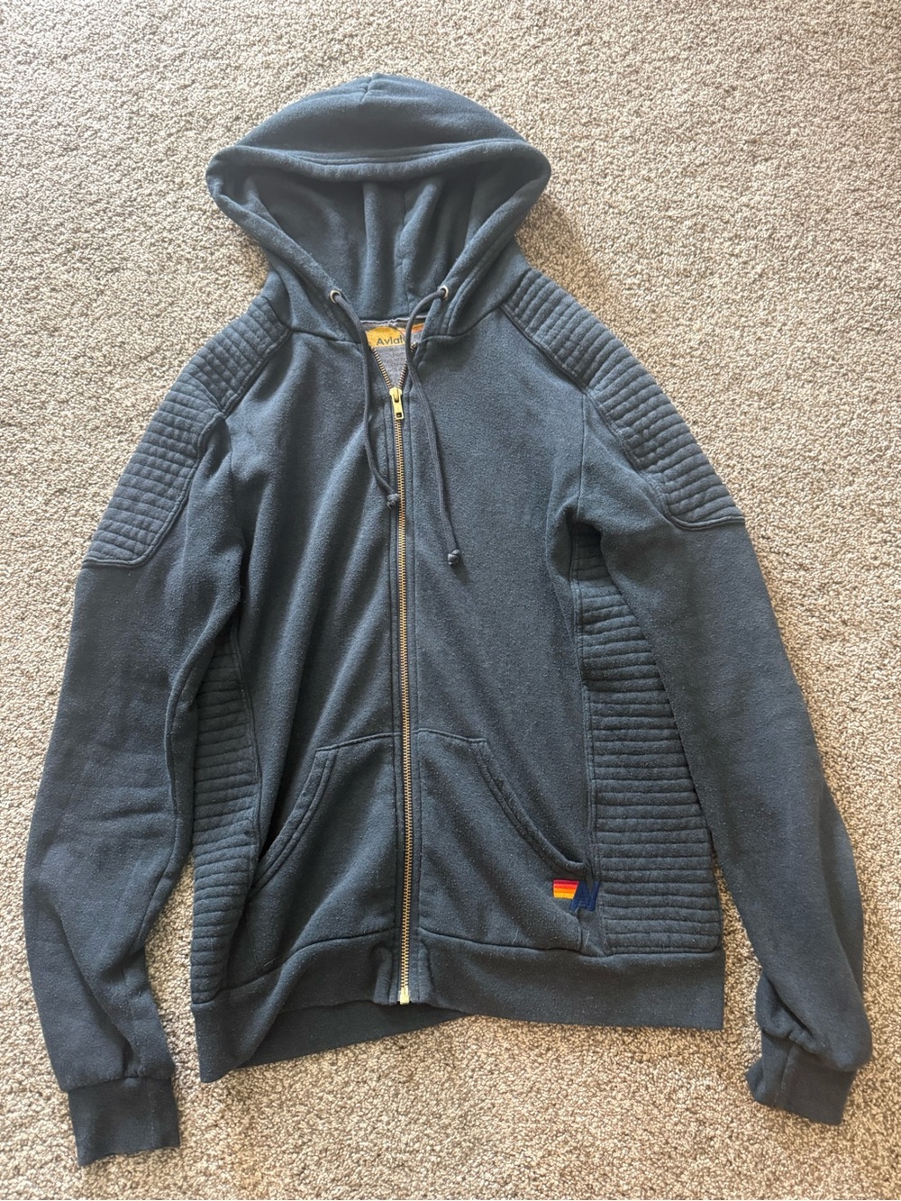Aviator Nation Dark Gray Quilted-Panel Full Zip Hoodie